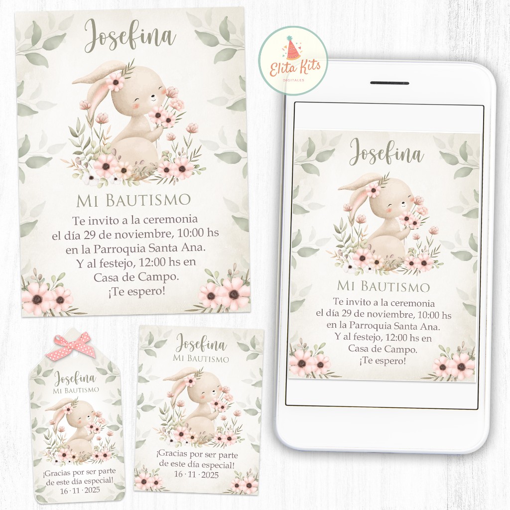 Kit imprimible Conejita Acuarelas: bautismo, baby shower, cumplea&ntilde;os, 1 a&ntilde;ito de nena ni&ntilde;a