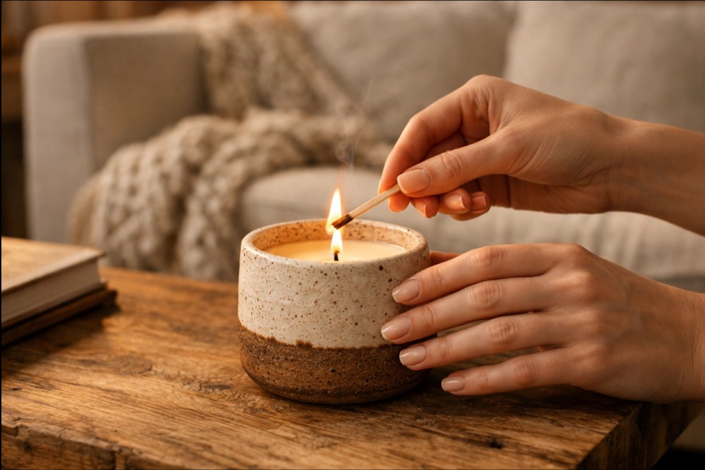Vela arom&aacute;tica acesa em mesa de madeira decora&ccedil;&atilde;o aconchegante