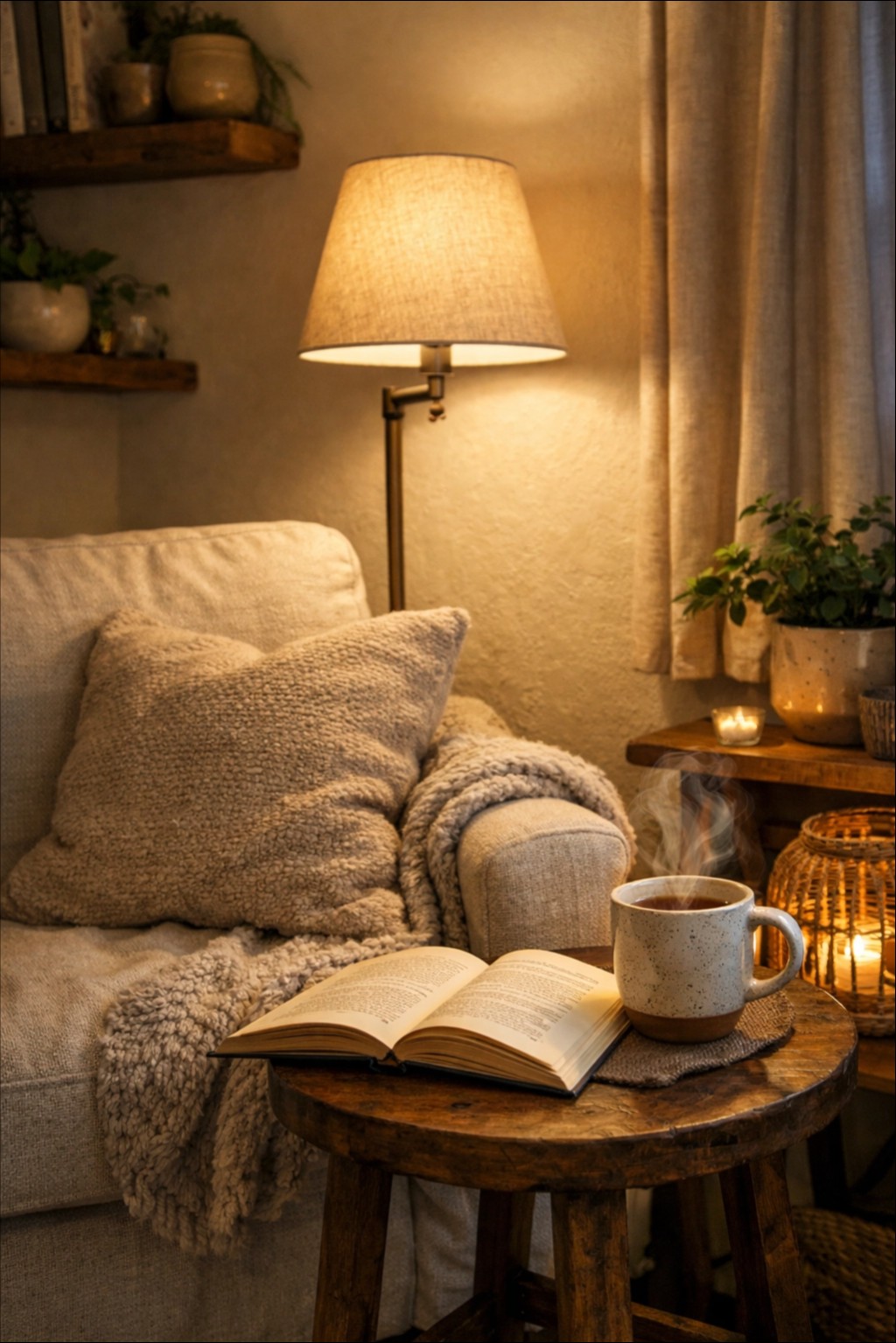 Vela arom&aacute;tica acesa em mesa de madeira decora&ccedil;&atilde;o aconchegante