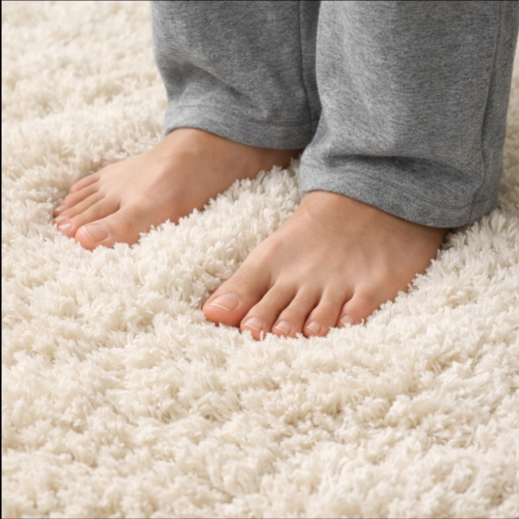 P&eacute;s descal&ccedil;os em tapete felpudo branco