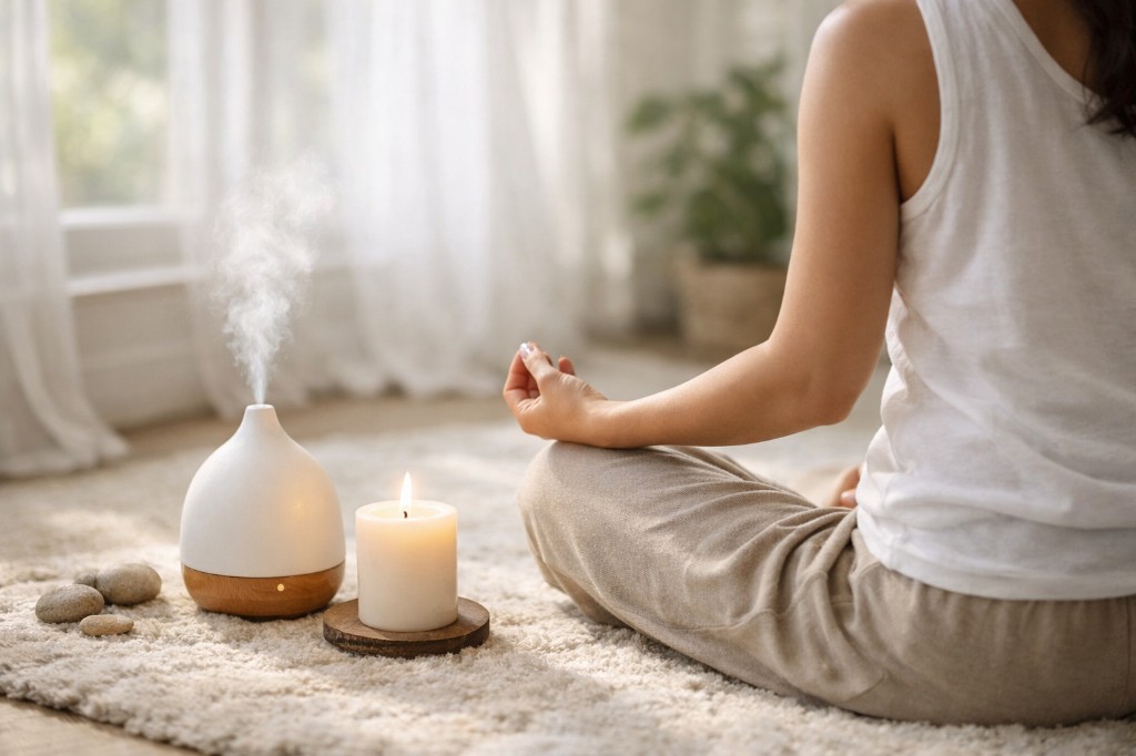 Mulher meditando com vela acesa e difusor de aromas