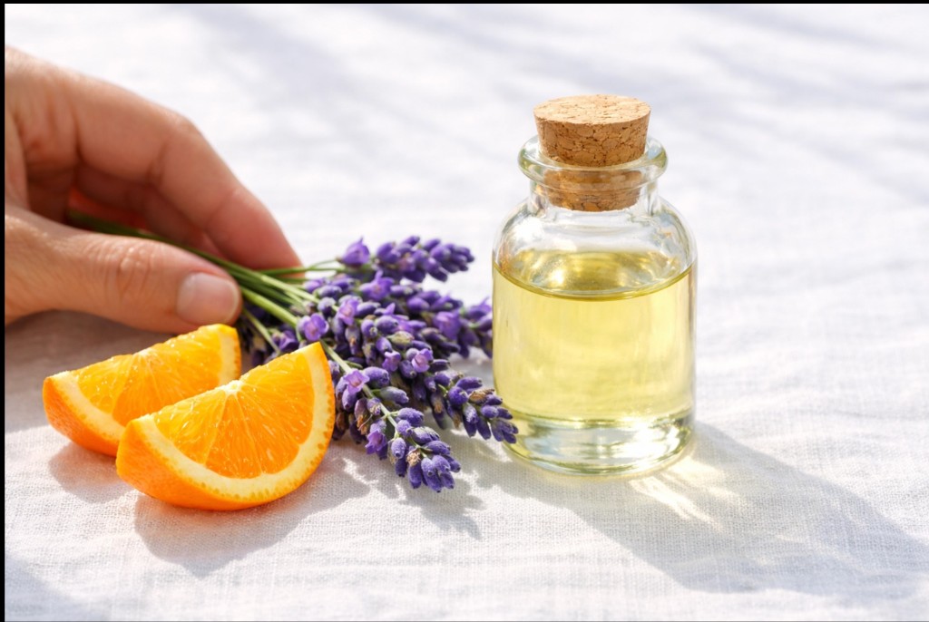 Frascos de &oacute;leos essenciais e folhas verdes