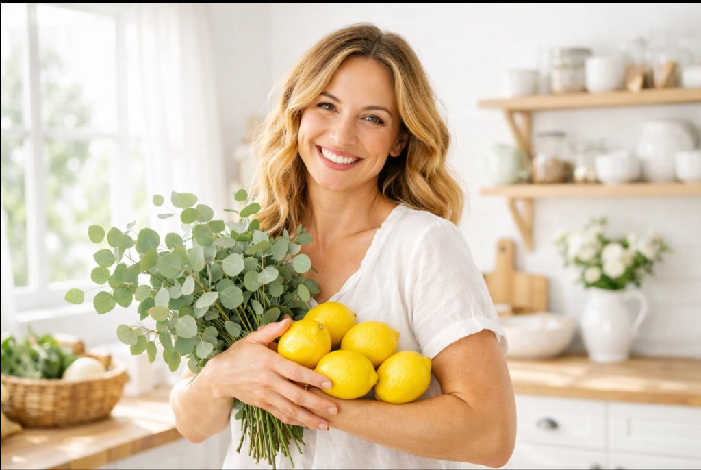 Beneficios alimentares da natureza, mulher segurando frutas frescas e sorrindo