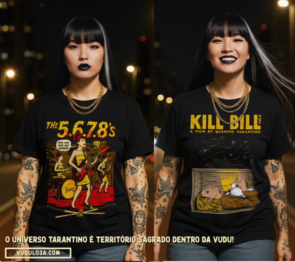 duas mulheres orientais com estilo underground vestindo camiseta preta da banda 5678 e do filme kill bill numa rua urbana com iluminação noturna