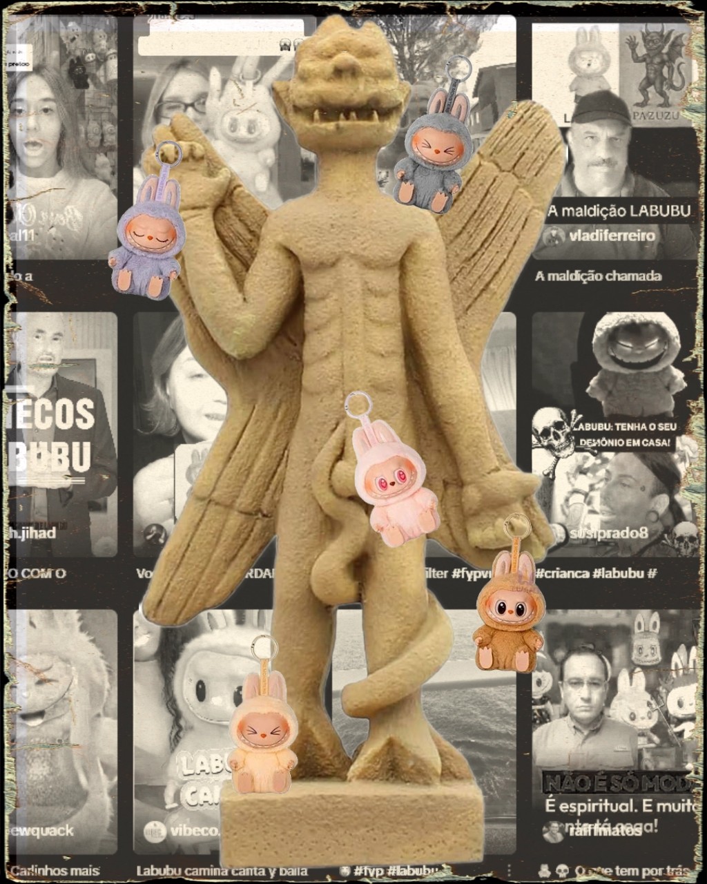 Uma colagem no estilo art book com uma moldura de papel envelhecido r&uacute;stico, em dourado e preto, apresenta uma est&aacute;tua de Pazuzu central, em tons de bege, voltada para a frente, com a m&atilde;o esquerda levantada, as asas estendidas e os &oacute;rg&atilde;os genitais vis&iacute;veis. A est&aacute;tua est&aacute; sobreposta a um fundo de recortes de v&iacute;deo do TikTok em preto e branco. Cinco chaveiros fofos do Labubu - um em roxo claro na m&atilde;o de Pazuzu, um em cinza perto da cabe&ccedil;a, um em rosa claro cobrindo os &oacute;rg&atilde;os genitais, um em castanho claro perto da asa direita e um em bege na base da est&aacute;tua - flutuam em torno dela. Os recortes do TikTok mostram v&aacute;rias pessoas e bonecos Labubu, com textos em portugu&ecirc;s como "A MALDI&Ccedil;&Atilde;O LABUBU", "A MALDI&Ccedil;&Atilde;O CHAMADA", "LABUBU: TENHA O SEU DEM&Ocirc;NIO EM CASA!", "N&Atilde;O &Eacute; S&Oacute; MODA &Eacute; espiritual. E muito", e "PAZUZU" perto de uma foto de um homem no canto superior direito. A colagem &eacute; densamente preenchida com texto e imagens, criando um contraste visual entre a figura demon&iacute;aca antiga e a cultura contempor&acirc;nea do Labubu no TikTok.