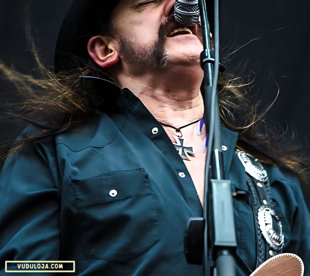 Foto de detalhe do cantor Lemmy Kilmister em frente a um microfone vestindo camisa work preta