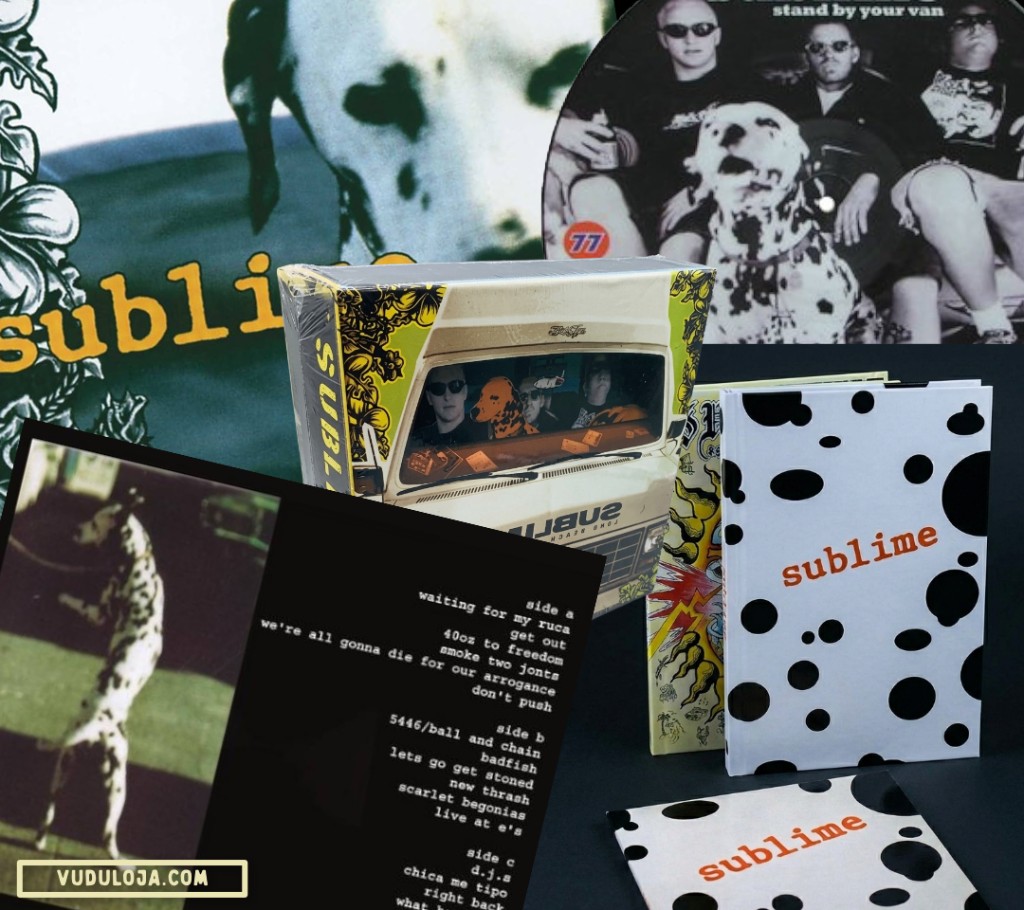 Colagem de produtos oficiais e capas de discos da banda Sublime, destacando a estampa de d&aacute;lmata e fotos do famoso d&aacute;lmata Lou Dog junto aos integrantes da banda.