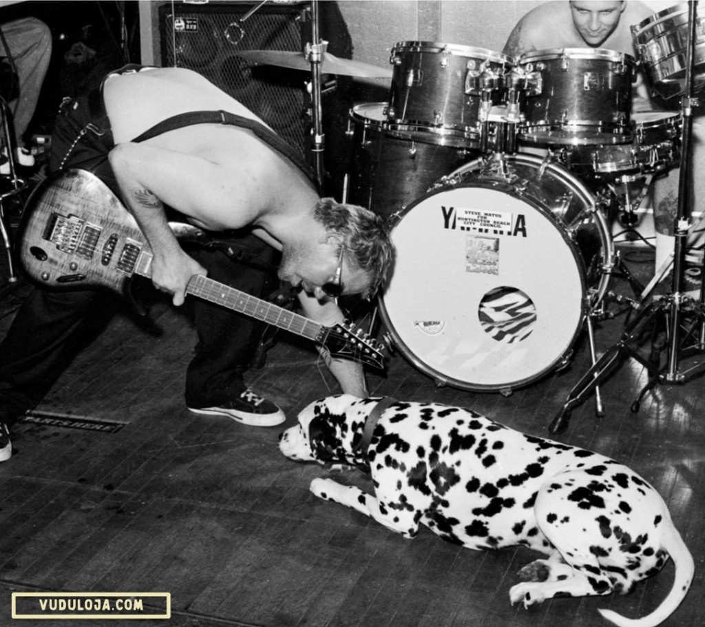 Foto em preto e branco do cachorro Lou Dog num show do Sublime