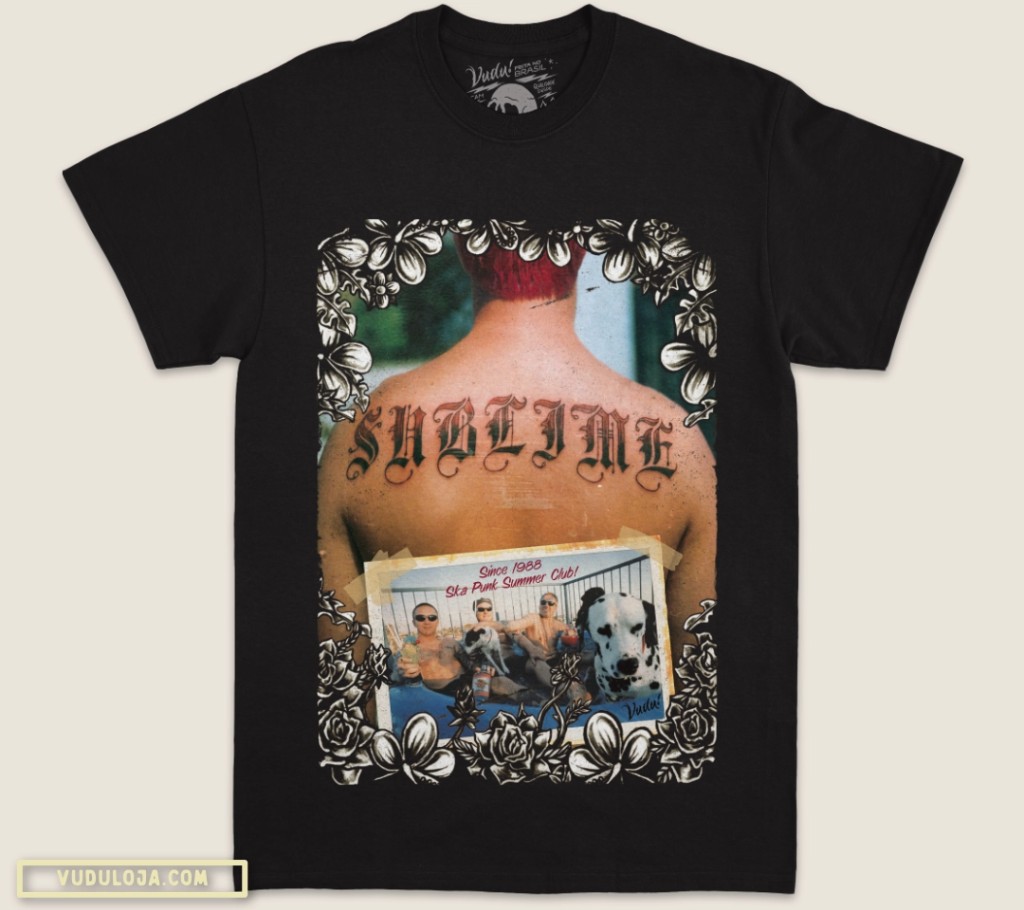 Camiseta preta com estampa da banda Sublime com cachorro d&aacute;lmata 