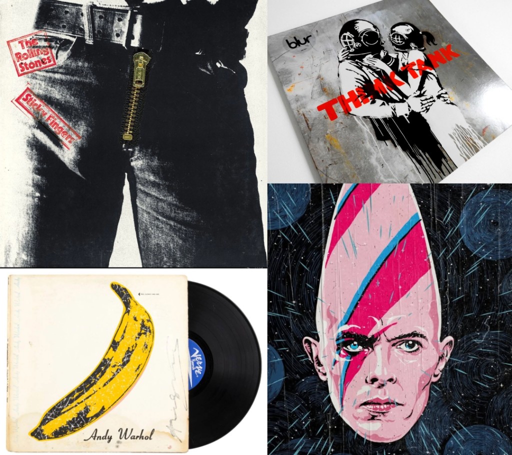 Montagem de quatro quadrantes exibindo capas de &aacute;lbuns ic&ocirc;nicos da hist&oacute;ria do rock que costumam estampar camiseta de banda: no topo esquerdo, "Sticky Fingers" dos Rolling Stones; no topo direito, "Think Tank" do Blur; embaixo &agrave; esquerda, o disco com a banana de Andy Warhol para o Velvet Underground; e embaixo &agrave; direita, uma ilustra&ccedil;&atilde;o estilizada de David Bowie como Aladdin Sane.