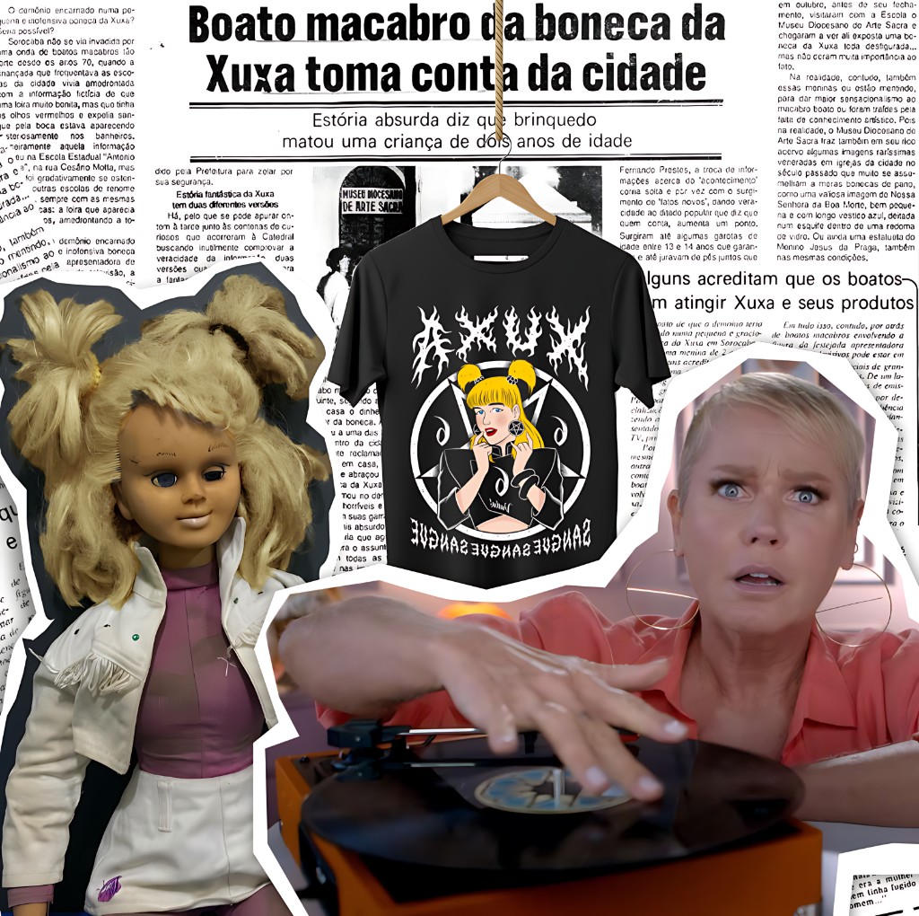 Mosaico de imagens sobrepostas com recortes de jornais antigos com manchete sobre boneca da Xuxa, camiseta da xuxa pendurada no centro da imagem, uma boneca velha no canto esquerdo e no canto direito foto da apresentadora com express&atilde;o surpresa, tocando um disco de vinil com o dedo.