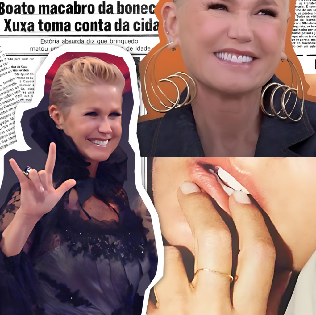 Moisaico de imagens sobrepostas de recortes de jornais antigos e fotos da Xuxa 