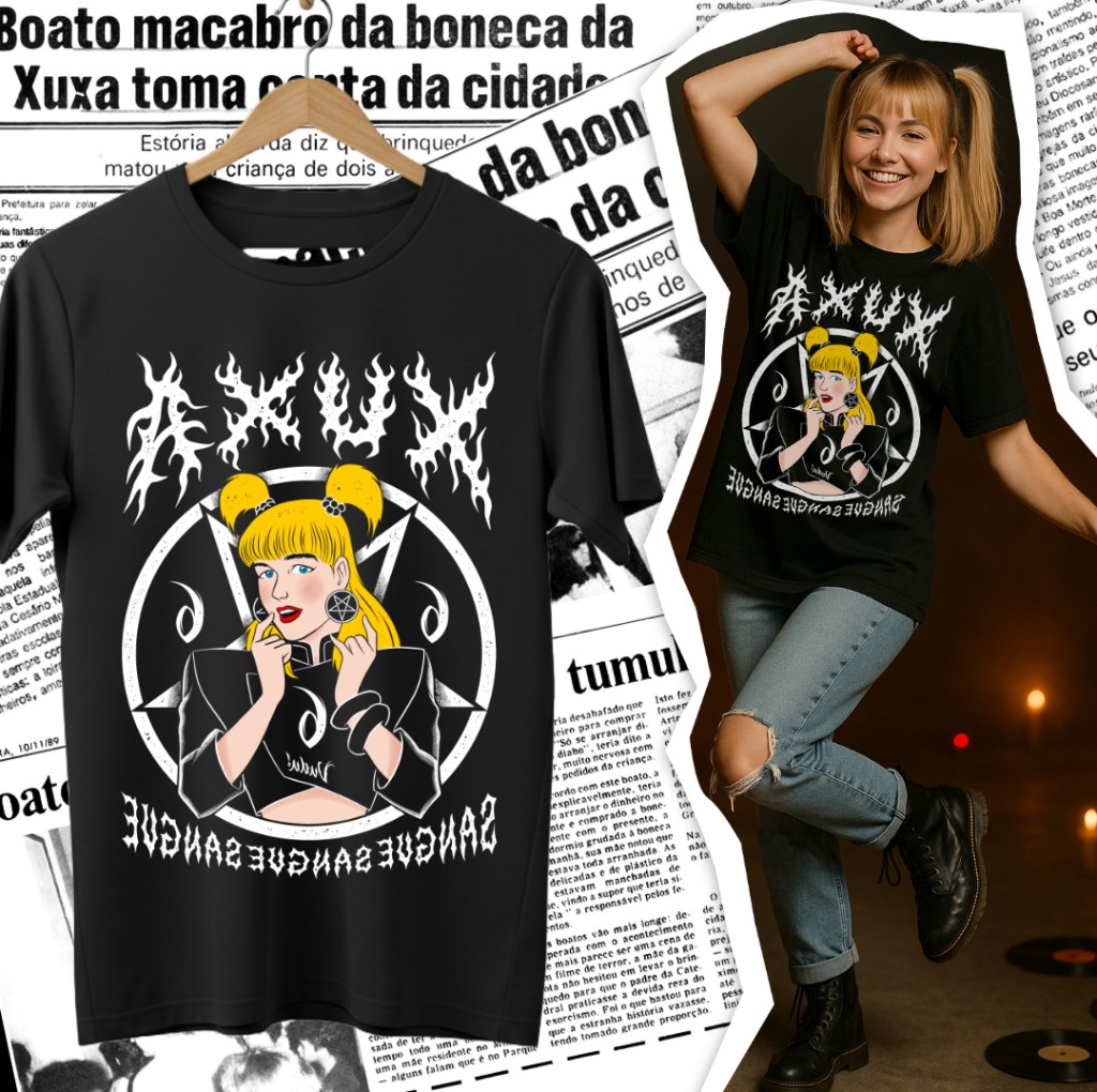Mosaico de imagens sobrepostas, jornais antigos falando da boneca da Xuxa, camiseta da xuxa, mulher vestindo camiseta AXUX Vudu.