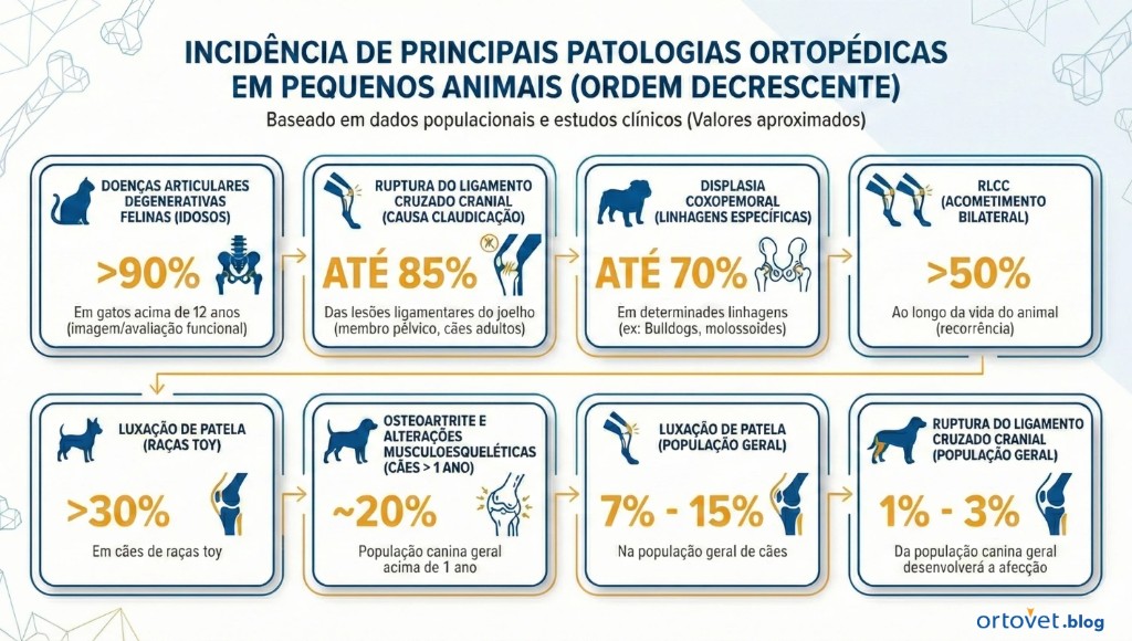 infográfico indicativo das principais doenças/problemas ortopédicos e a taxa de incidência em cães e gatos