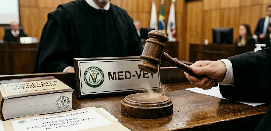 Juiz batendo o martelo em uma lei para os veterinários.