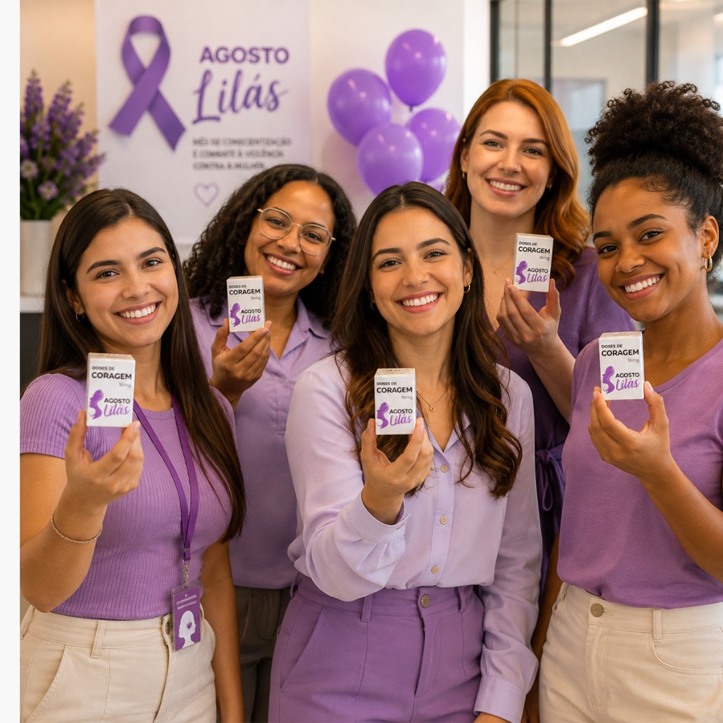 Campanha de Agosto Lil&aacute;s nas empresas com colaboradoras e brindes personalizados