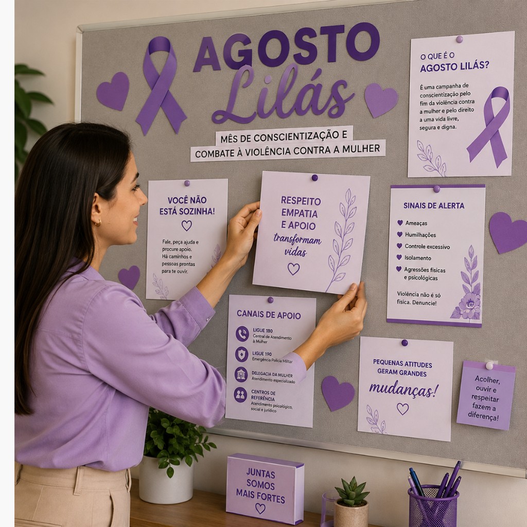 Mural informativo sobre Agosto Lil&aacute;s instalado em empresa
