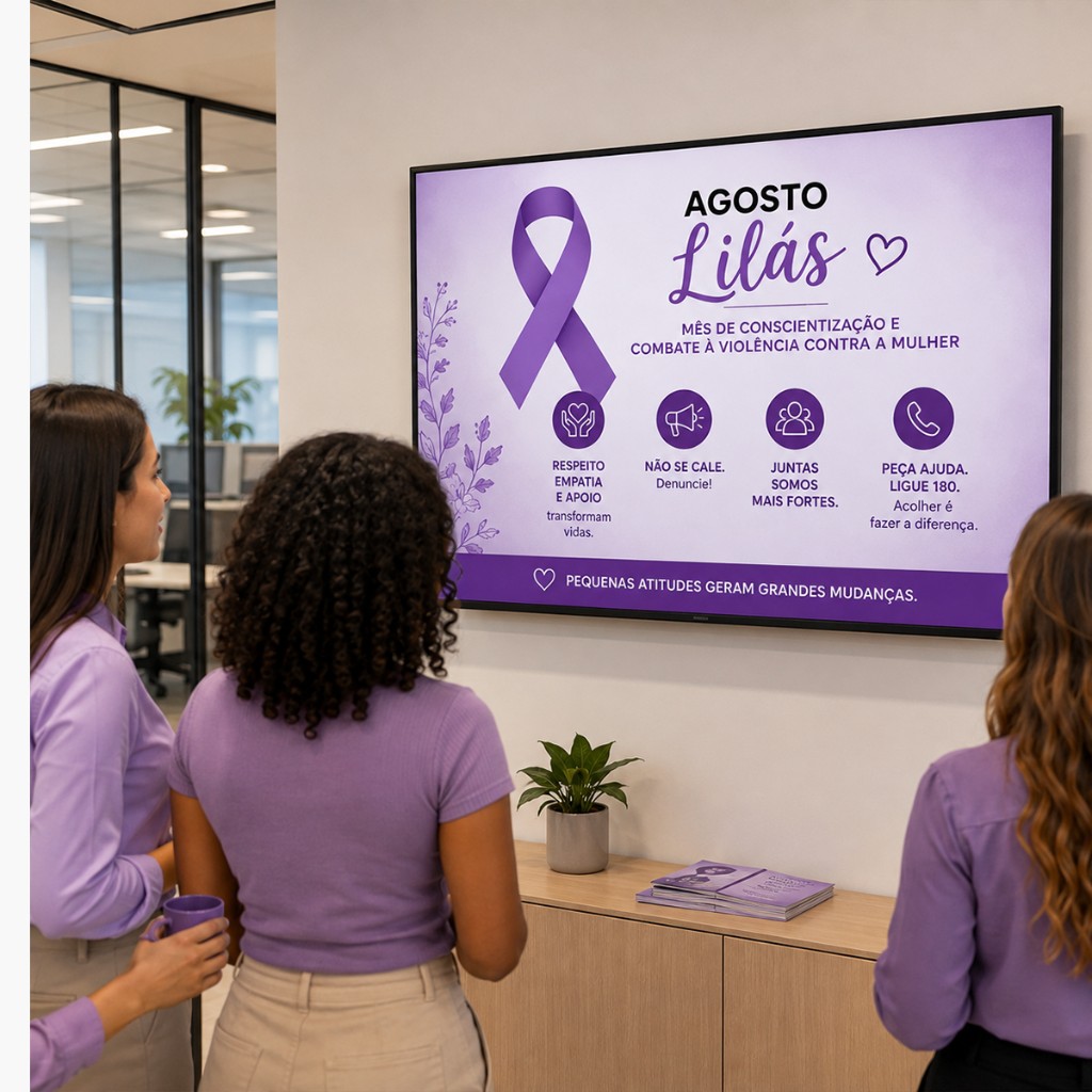 TV corporativa exibindo informa&ccedil;&otilde;es da campanha Agosto Lil&aacute;s