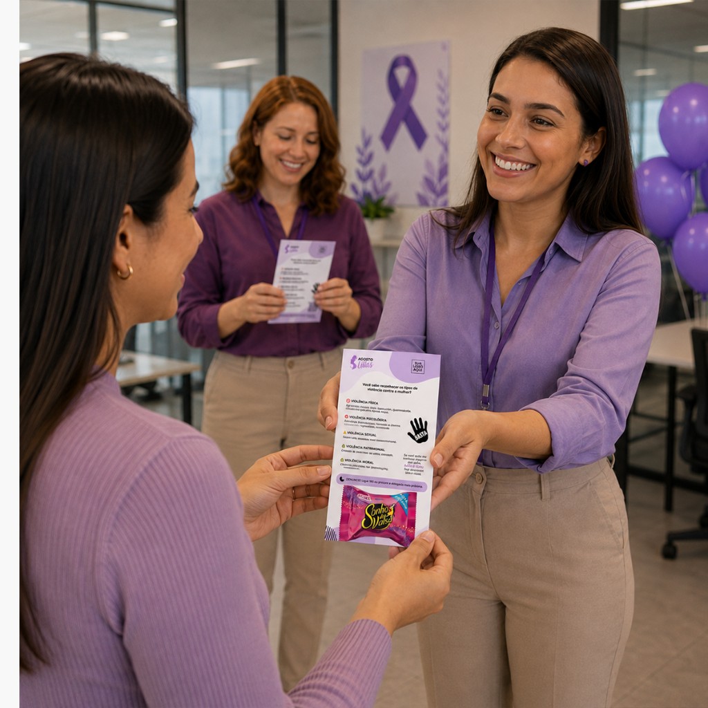 Colaboradora recebendo cart&atilde;o informativo sobre o Agosto Lil&aacute;s