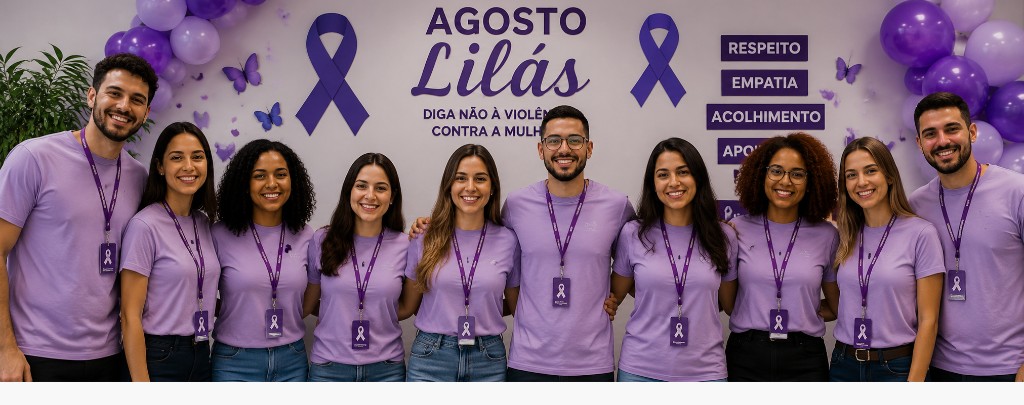 Equipe de colaboradores participando da campanha Agosto Lilás em empresa com decoração temática