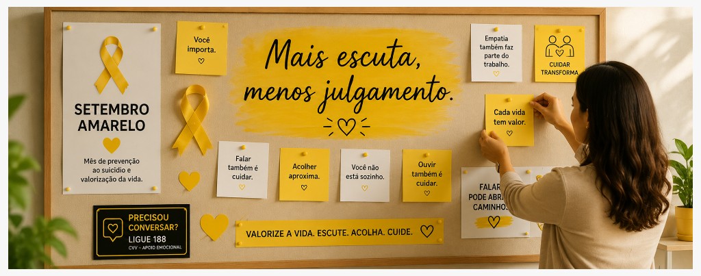 Mural de Setembro Amarelo com frases de acolhimento