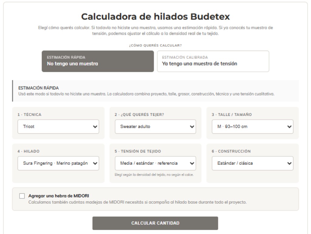 Captura de la Calculadora de Hilados Budetex