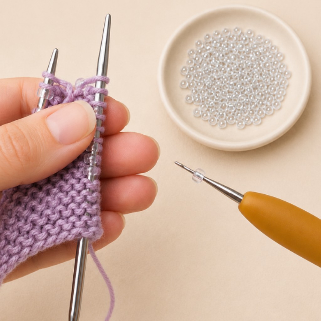 Incorporaci&oacute;n de mostacillas punto por punto con una aguja de crochet fina