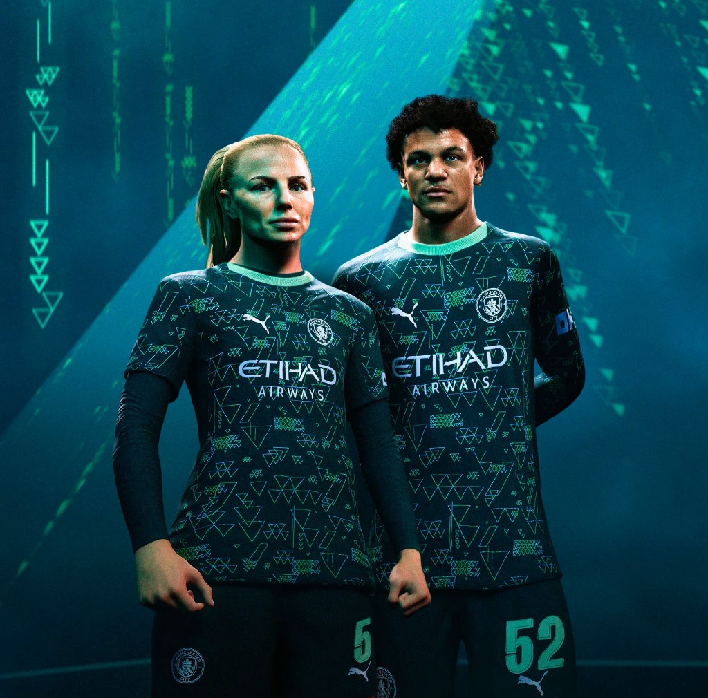 Camisa Manchester City 2025/26 Fourth Kit EA SPORTS FC em uso pela torcida