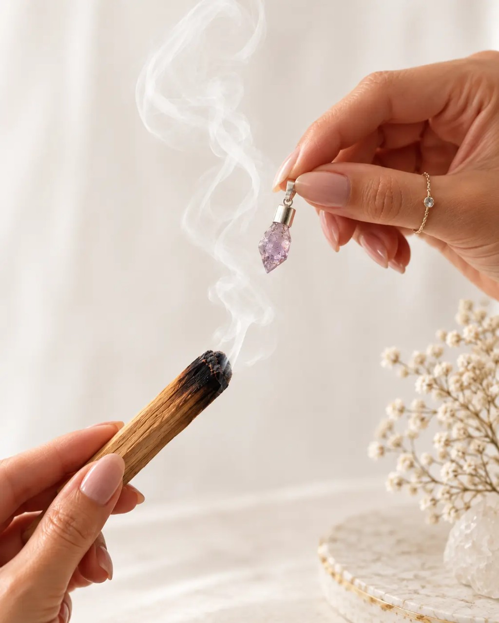 Limpeza energ&eacute;tica de cristais com fuma&ccedil;a de palo santo