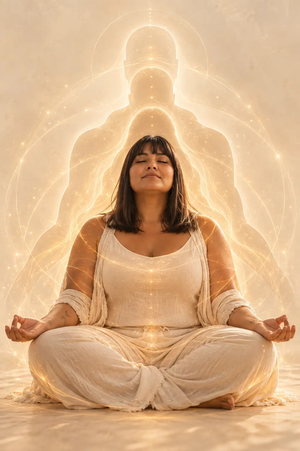 Mulher meditando com aura dourada