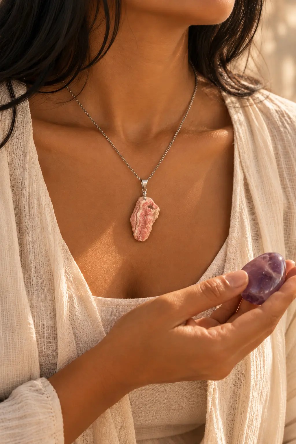 Mulher morena usando colar de pedra e segurando uma ametista