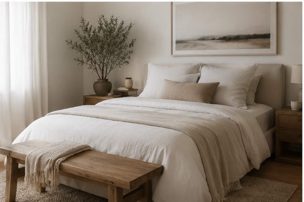 Dormitorio estilo n&oacute;rdico con s&aacute;banas blancas, manta beige tejida cruzada a los pies de la cama,   planta de olivo y mesa de luz de madera