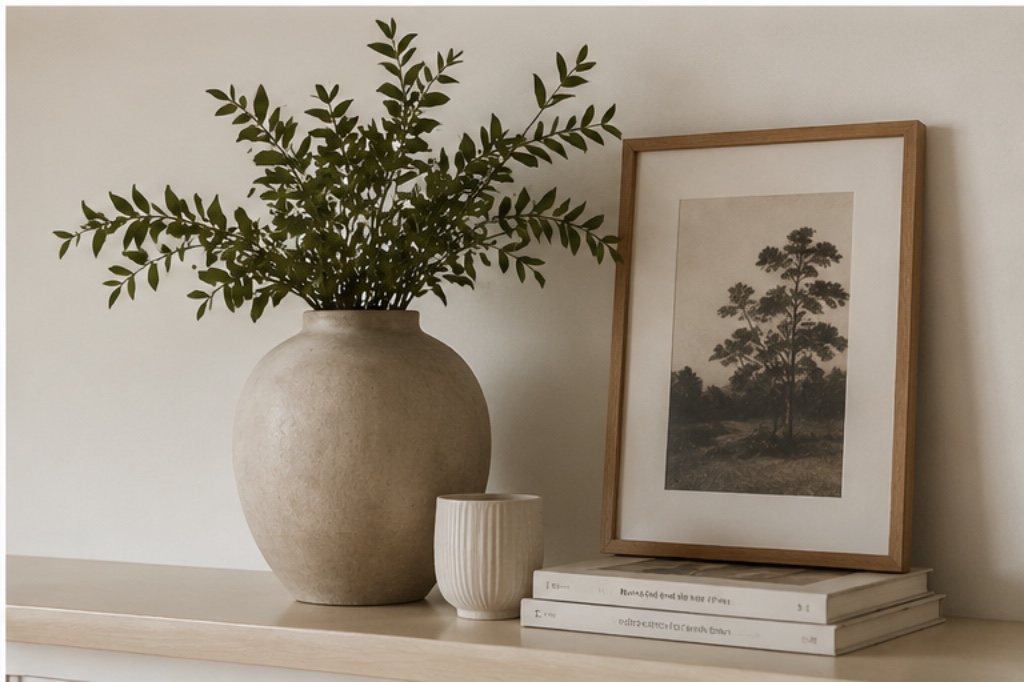 Bodeg&oacute;n en estilo n&oacute;rdico con jarr&oacute;n cer&aacute;mico beige, ramas verdes naturales y cuadro de &aacute;rbol enmarcado en madera clara