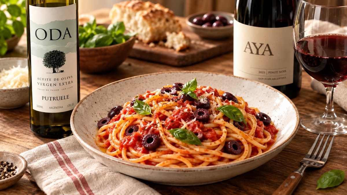 Spaghetti servido con aceite de oliva y copa de vino