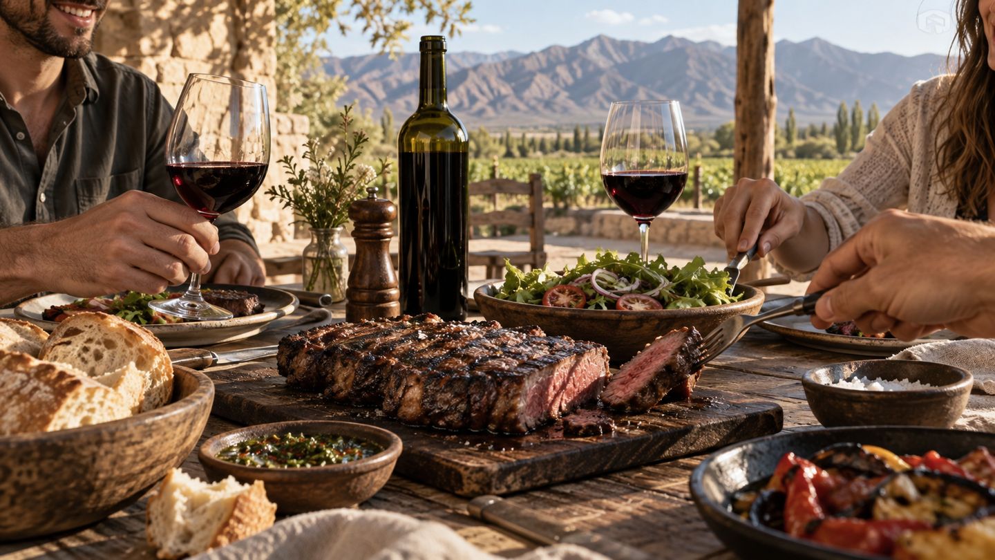 Mesa argentina compartida con carne a las brasas y copas de vino tinto; escena editorial ilustrativa