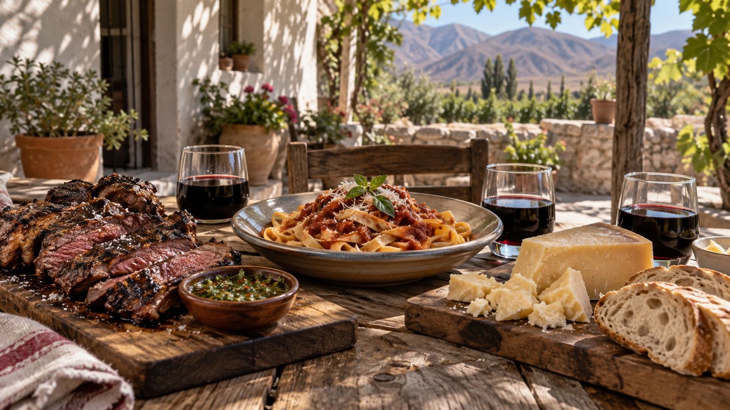 Tres ideas de mesa para acompañar Malbec: carne asada, pastas con tomate y queso; imagen ilustrativa