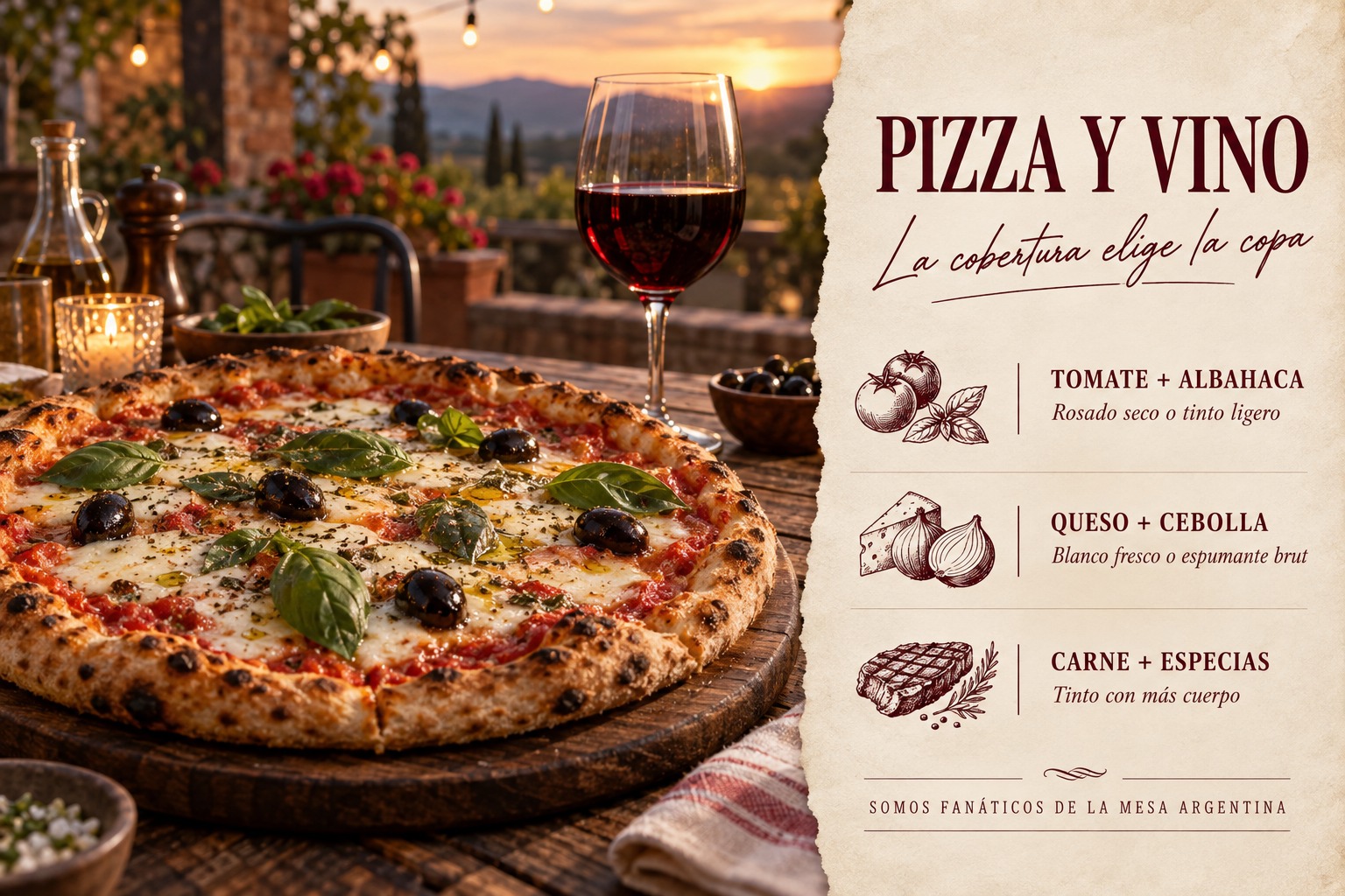 Infografía ilustrativa: pizza y vino, cómo elegir según la cobertura