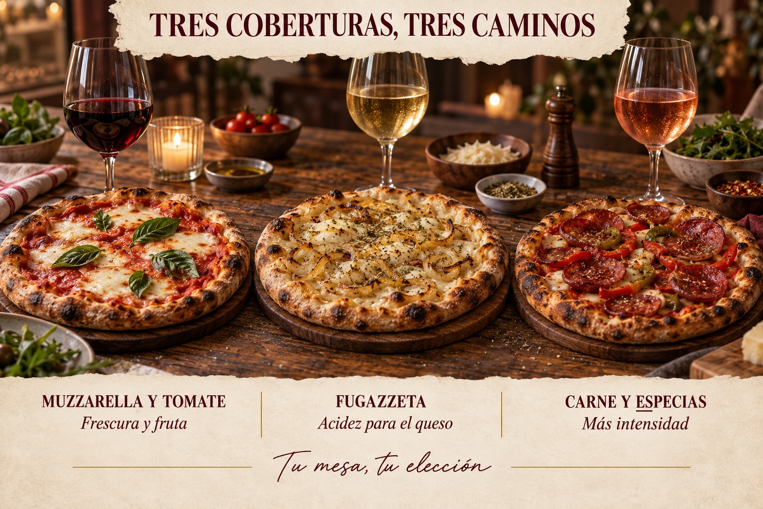 Guía visual ilustrativa de muzzarella, fugazzeta y pizza con carne