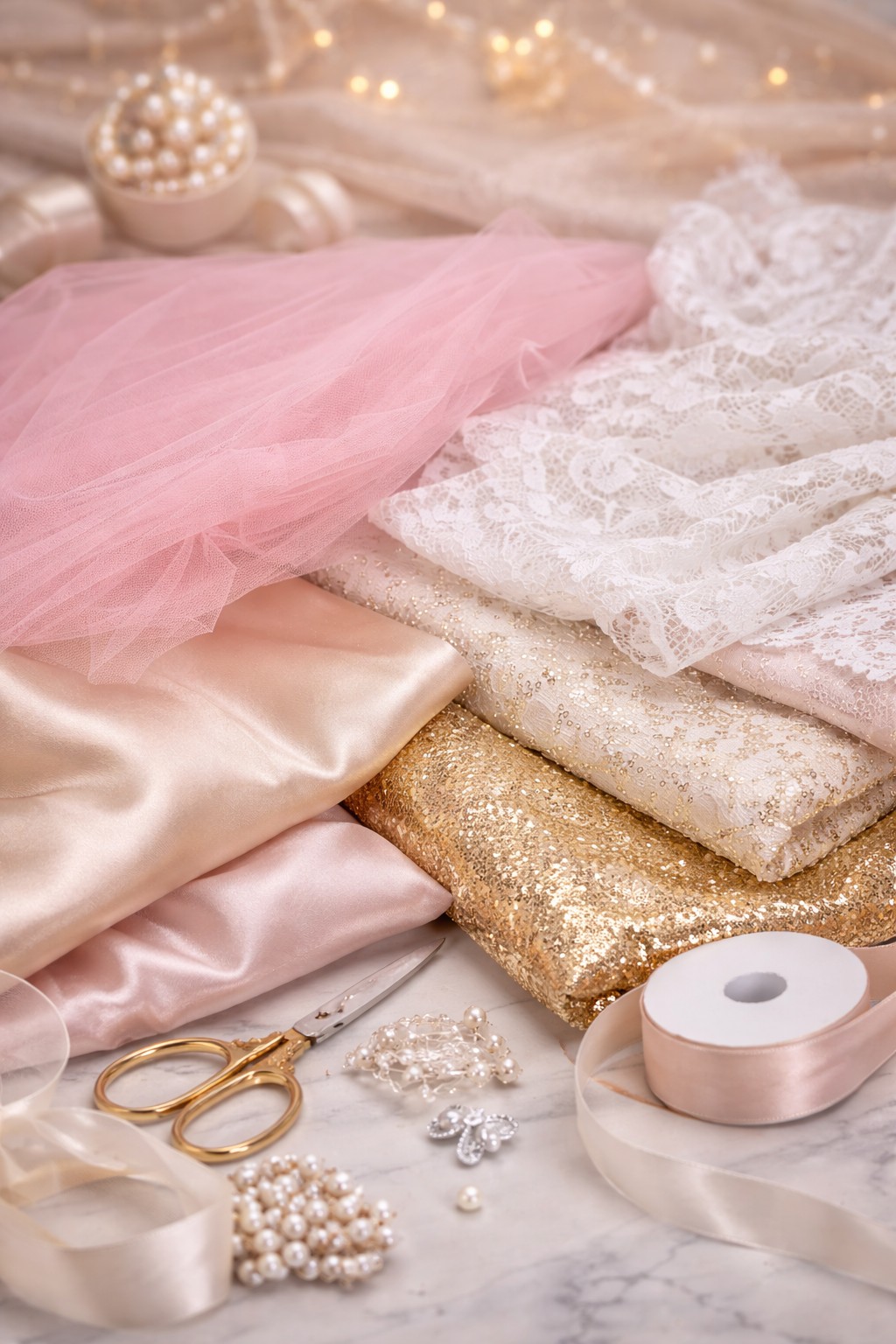 Tecidos como tule, cetim e renda em vestido infantil de festa