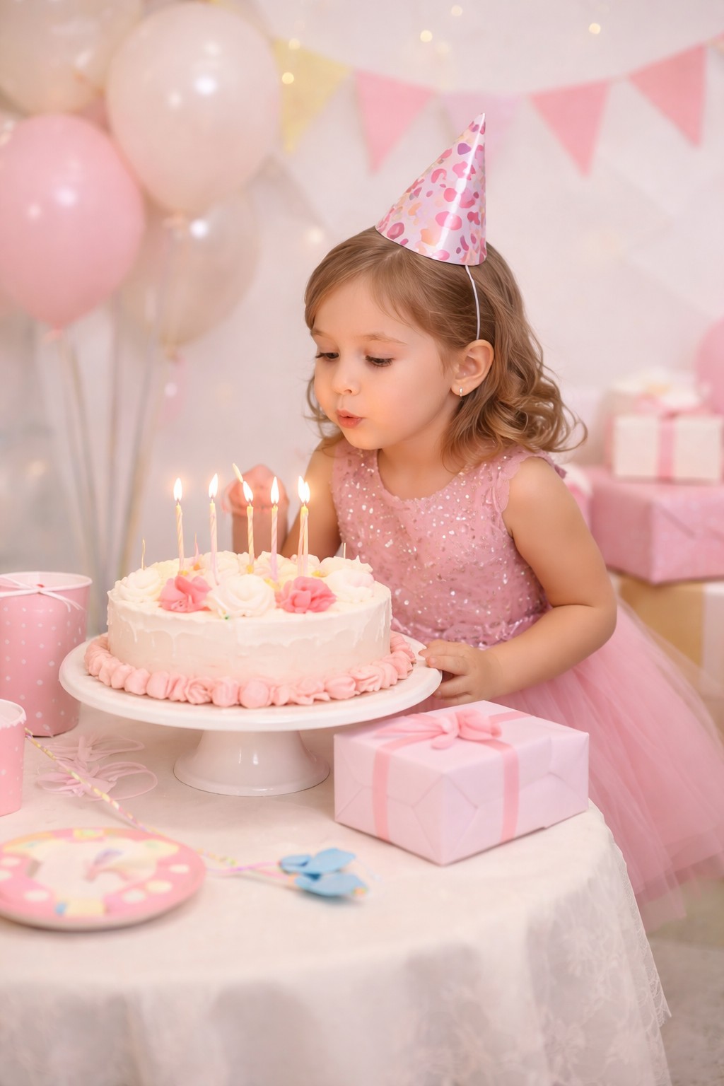 Vestido infantil de festa para anivers&aacute;rio com modelo delicada assoprando as velhinhas do bolo