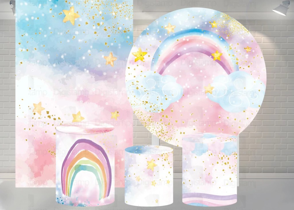 Kit painel redondo e trio de cilindros para decora&ccedil;&atilde;o de festas