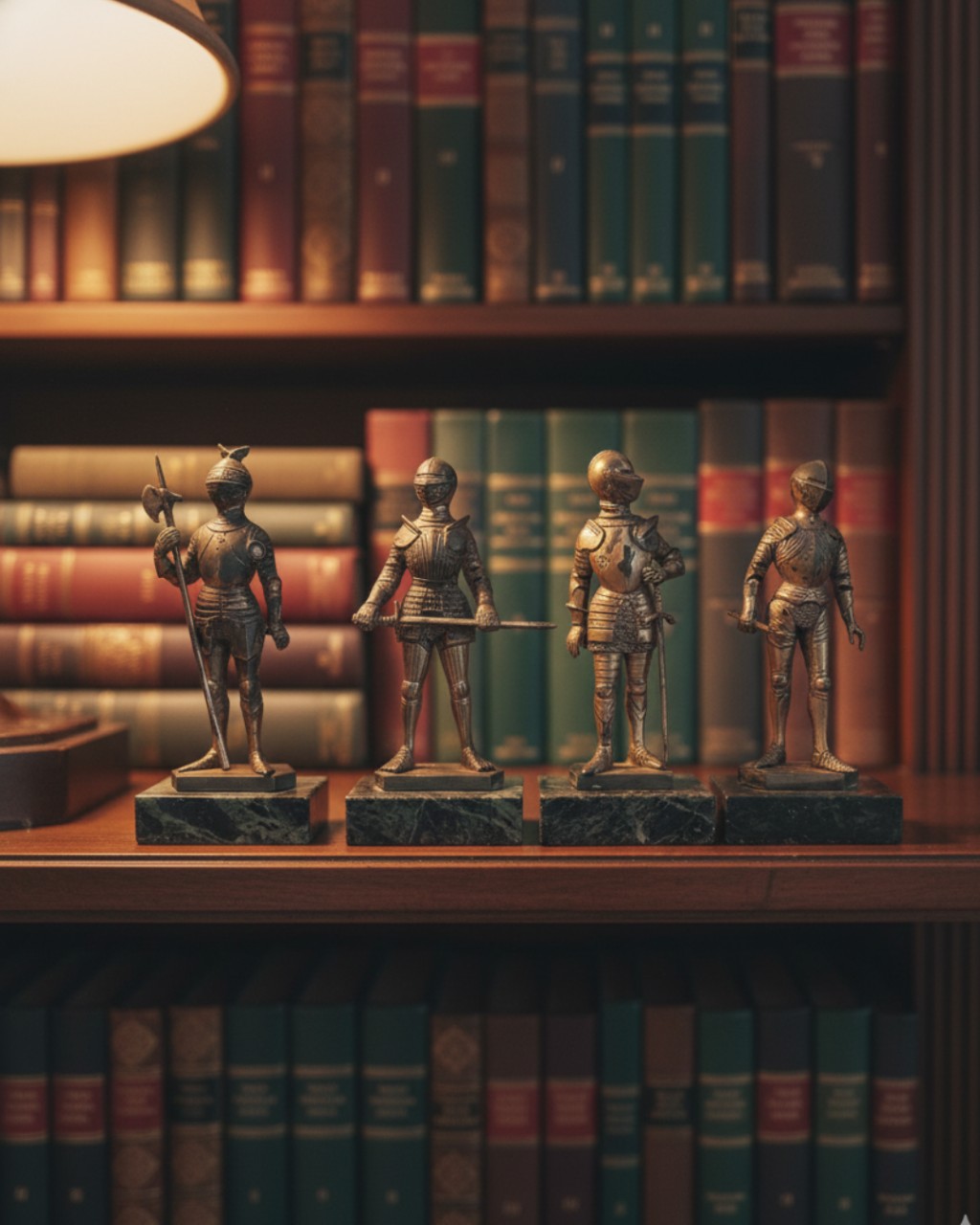 Sugest&atilde;o de decora&ccedil;&atilde;o 2: Detalhe das bases de m&aacute;rmore em uma estante de livros.