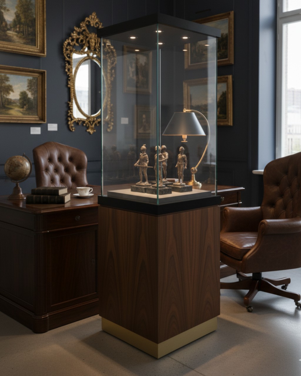 Sugest&atilde;o de decora&ccedil;&atilde;o 1: Estatueta medieval em um escrit&oacute;rio elegante.