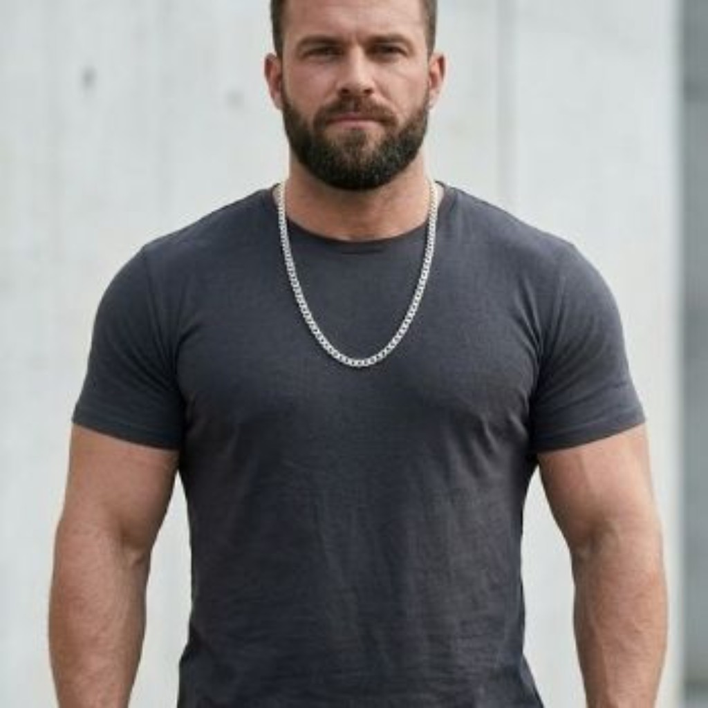 Estudo comparativo padronizado do torso de um homem com ombros largos e porte robusto, vestindo uma camiseta de gola careca na cor carv&atilde;o escura. O fundo &eacute; um muro de concreto urbano claro. Ele usa uma corrente Grumet maci&ccedil;a e achatada em Prata 925 polida, com 8mm de espessura e 60cm de comprimento. A joia tem escala e presen&ccedil;a visual para o biotipo dele.