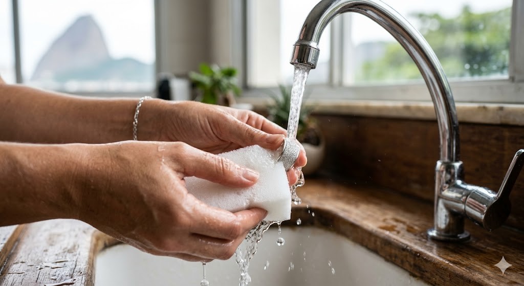 Lavando alian&ccedil;a de namoro fina diamantada com esponja m&aacute;gica embaixo da torneira