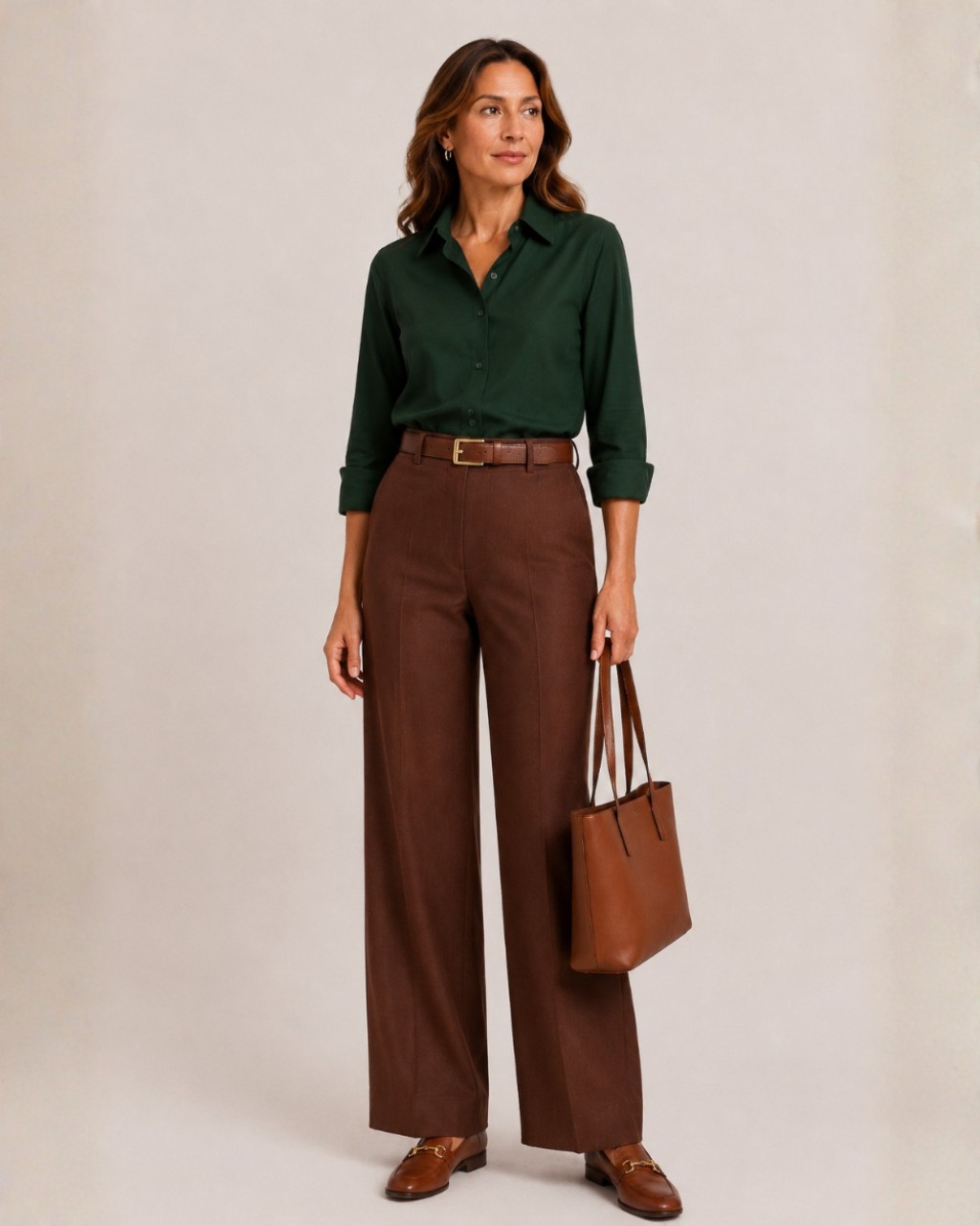 Look com calça marrom feminina e camisa verde