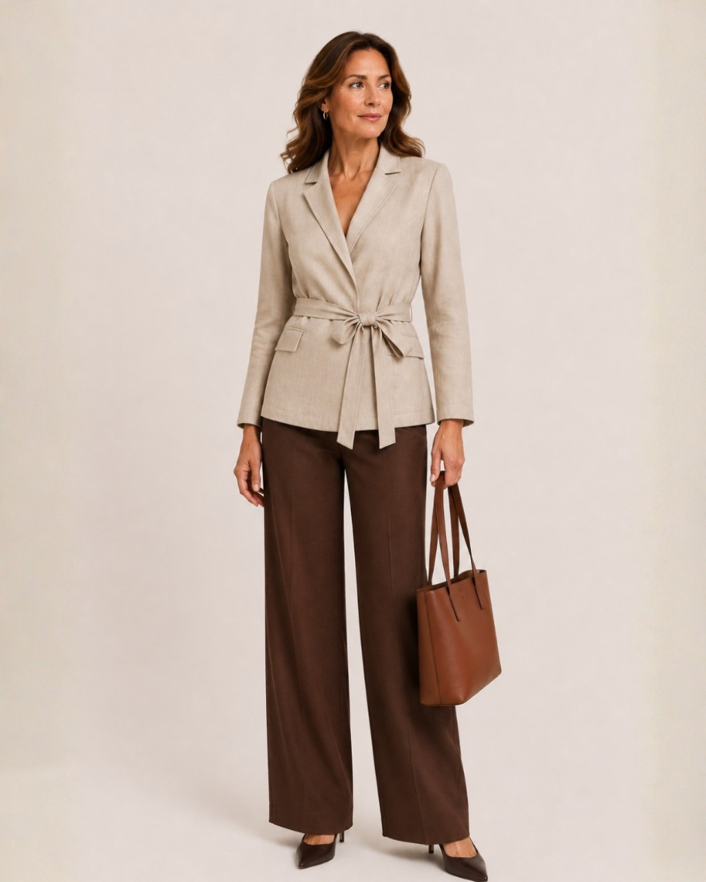 Look com calça marrom feminina e camisa bege