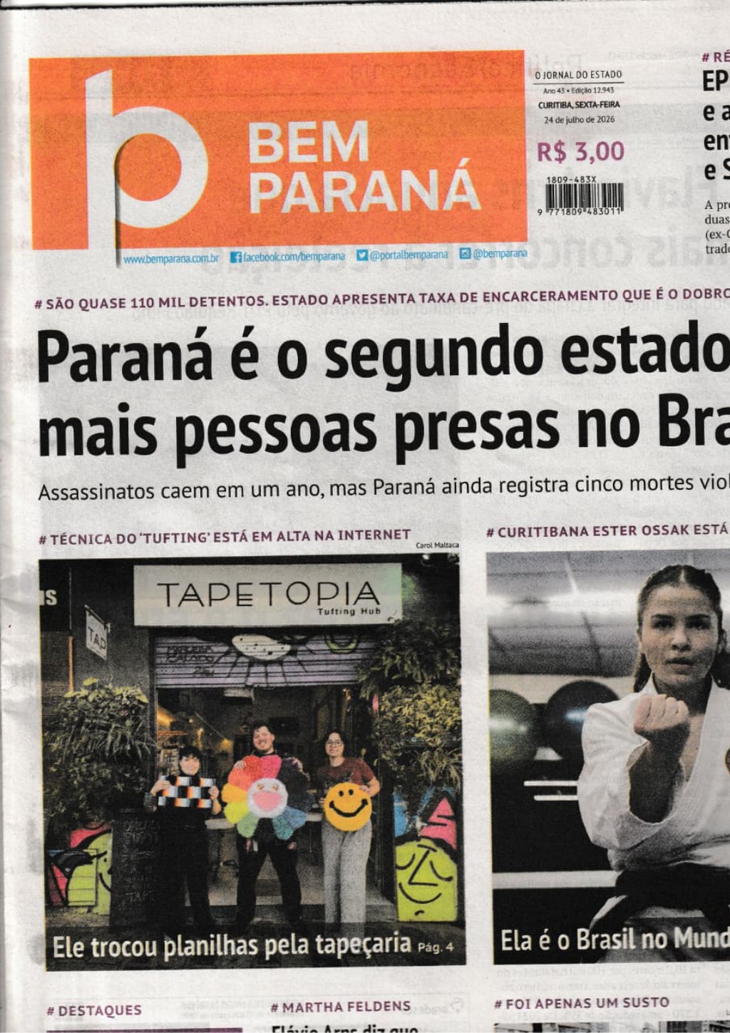 Capa do jornal Bem Paran&aacute; com foto da Tapetopia e manchete 'Ele trocou planilhas pela tape&ccedil;aria'
