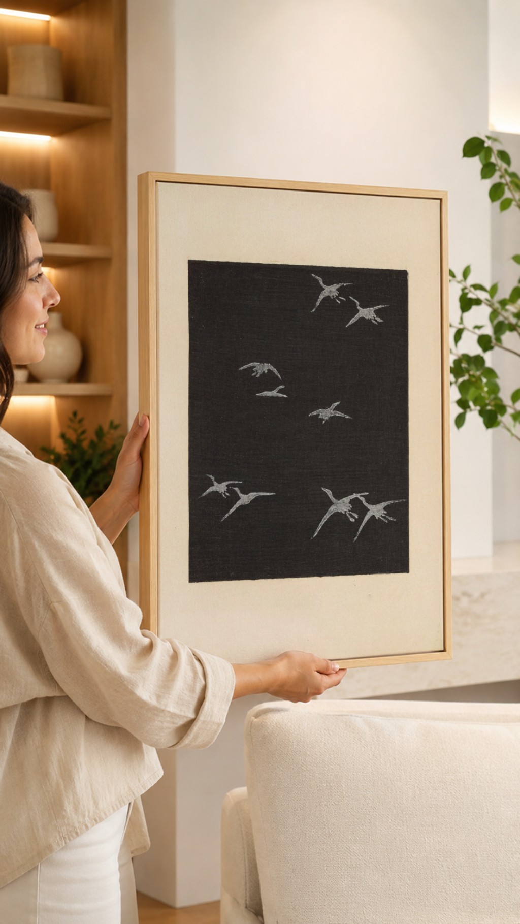 Quadro Decorativo Revoada Furuya Korin com paspatur e moldura preta