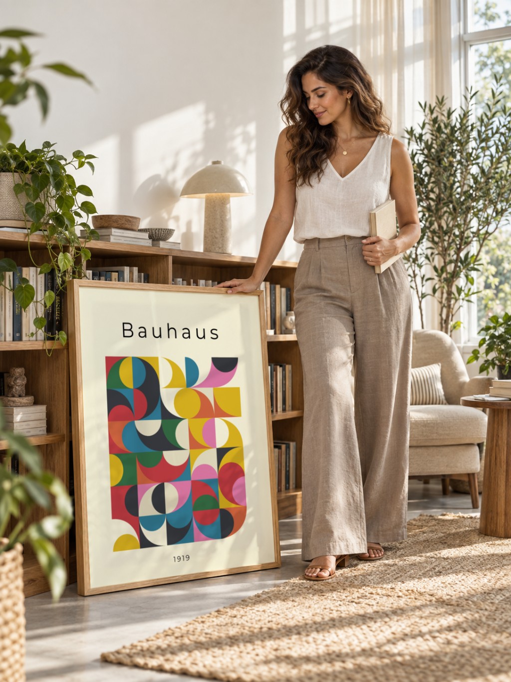 Quadro Decorativo Bauhaus 1919 em moldura de madeira clara